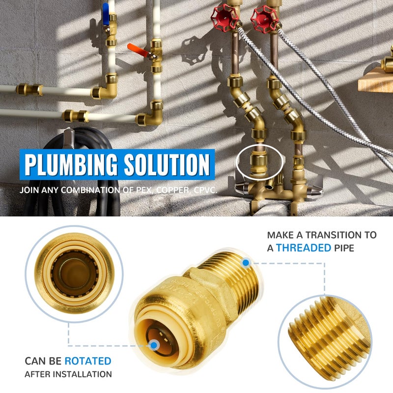 SUNGATOR 1/2 Inch Male Adapter, 1/2 Inch MNPT Adapter, No Lead Brass Push-to-Connect Plumbing Fittings for Pex Pipe, Copper, CPVC, with 1 Disconnect Clip, Pack of 12 - Image 4